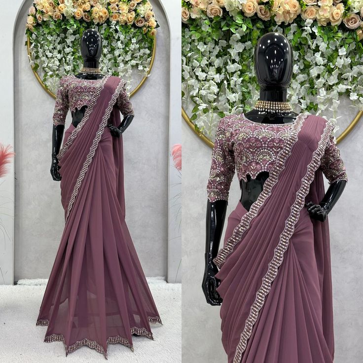 Ready to Wear Saree, Mauve Beautiful Sequins Saree with Stylish Blouse Work Party Wear Sarees For Women, Ready Made Saree For Women, New Saree Designs 2024, Work Sarees Party Wear, Readymade Saree Party Wear, Party Wear Saree Look, Saree Wedding Guest, Sequins Saree, Floral Sarees