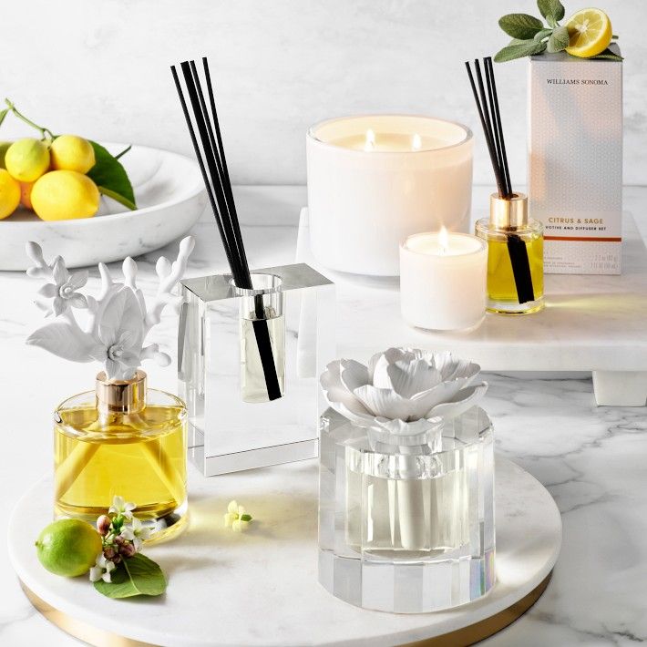 Simple and elegant, our exclusive diffuser brings a contemporary accent to indoor spaces while dispersing your favorite fragrance. It's made of clear, brilliant crystal that resists chipping and scratching. Pair it with our essential oils (sold separately) to gently diffuse light, delicate scents into the air. Made of crystal. Use with our essential oils (sold separately). A Williams Sonoma exclusive. Love Shack Fancy Bedroom, Crystal Diffuser, Fancy Bedroom, Mini Diffuser, Flower Diffuser, Lemon Blossoms, Kitchen Candles, Scented Oil, Home Spray