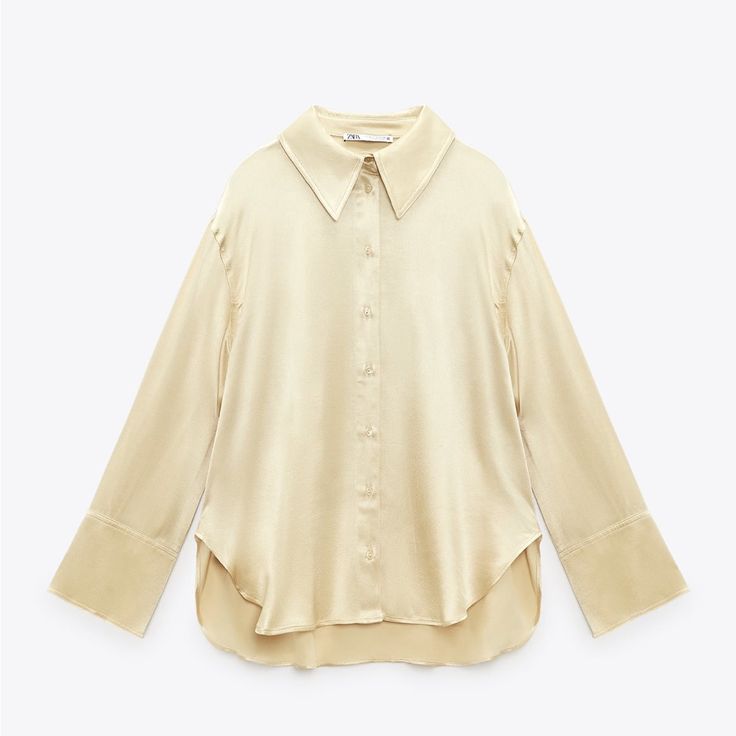 Zara Flowy Satin Effect Shirt Fit For L Gold Color Good Quality Basic And Beautiful Zara Beige Button-up Blouse, Beige Button-up Zara Top, Zara Beige Button-up Top, Beige Button-up Top From Zara, Zara Collared Top, Satin Shirts For Women, Oversized Linen Shirt, Satin Shirts, Suede Tops