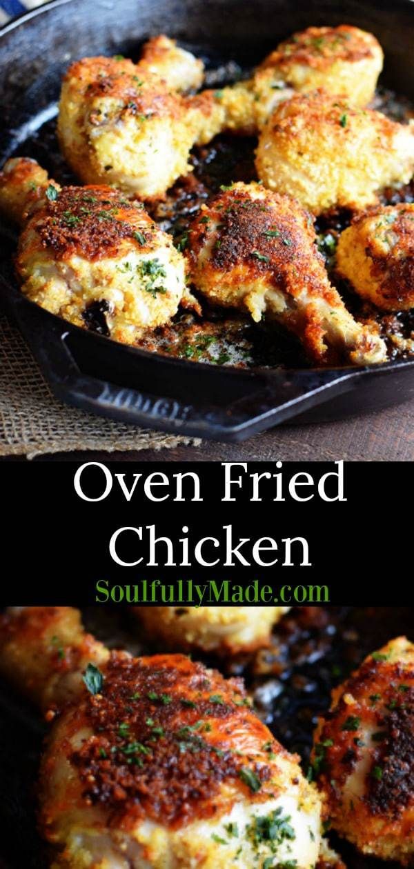 oven fried chicken in a cast iron skillet