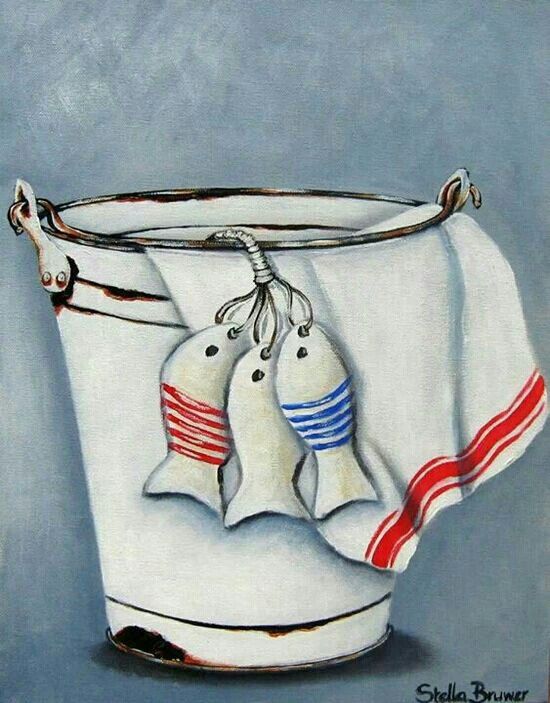 a painting of two bells in a bucket with red, white and blue stripes on it