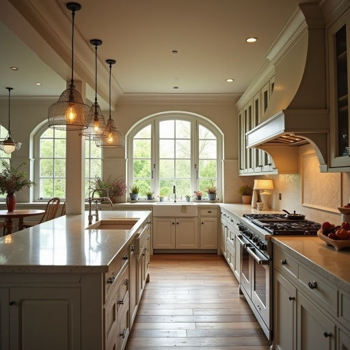 a large kitchen with white cabinets and wood flooring on the counter tops, along with an arched window