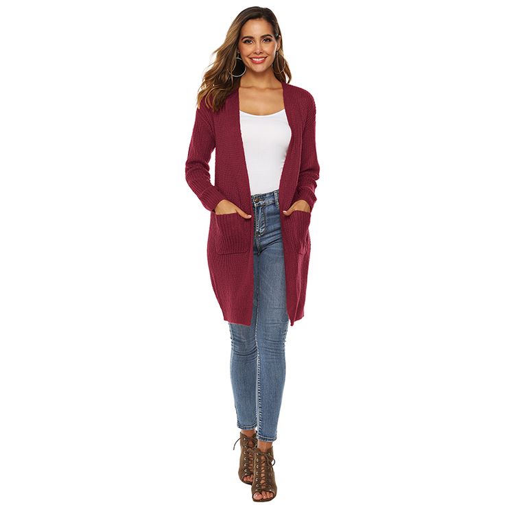 Wine Red Open Front Cardigan with Pockets Red V-neck Cardigan For Work, Casual Burgundy V-neck Outerwear, Red Open Front Cardigan For Spring, Casual Red Sweater Coat For Layering, Red Open Front Cardigan For Fall, Red Open Front Outerwear For Fall, Red Solid Color Casual Cardigan, Casual Burgundy Cardigan For Spring, Casual Red Open Front Outerwear