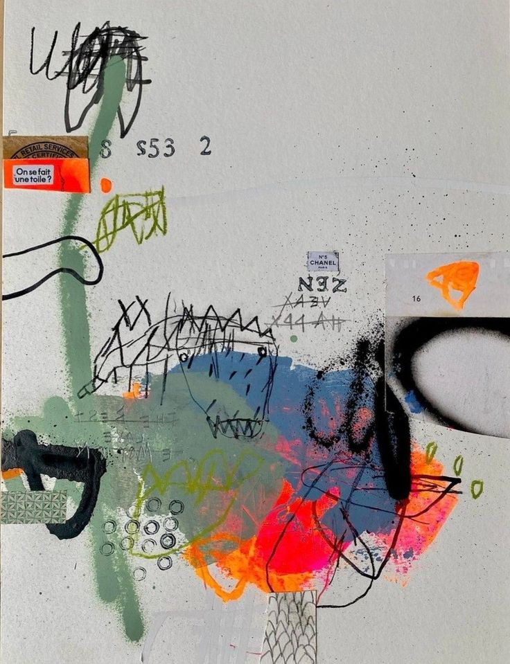 an abstract painting with various colors and shapes on it's paper, including numbers