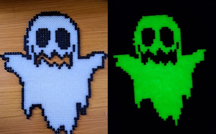 two pictures one is made out of perler beads and the other has an image of a ghost