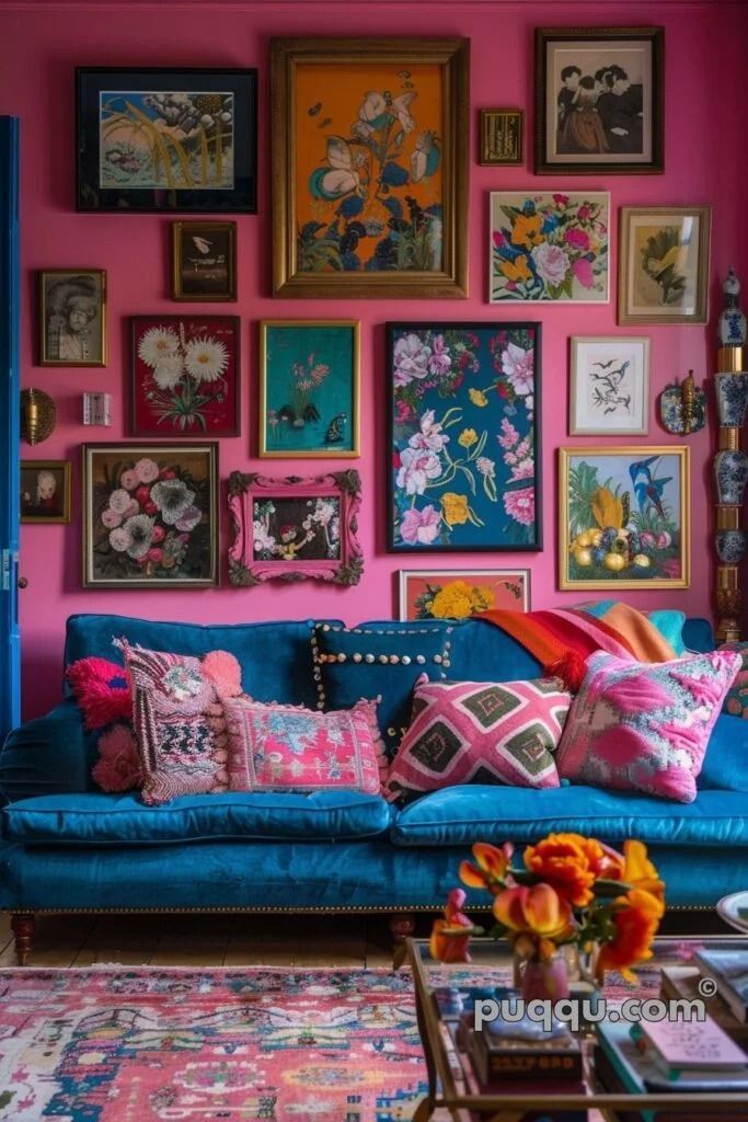 a living room filled with lots of colorful furniture and pictures on the wall above it