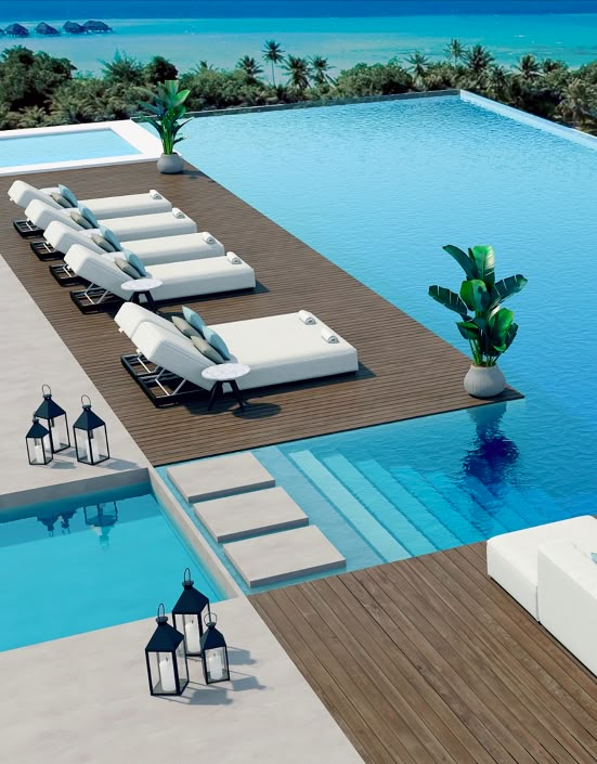 an artist's rendering of a pool with sun loungers and lamps next to it