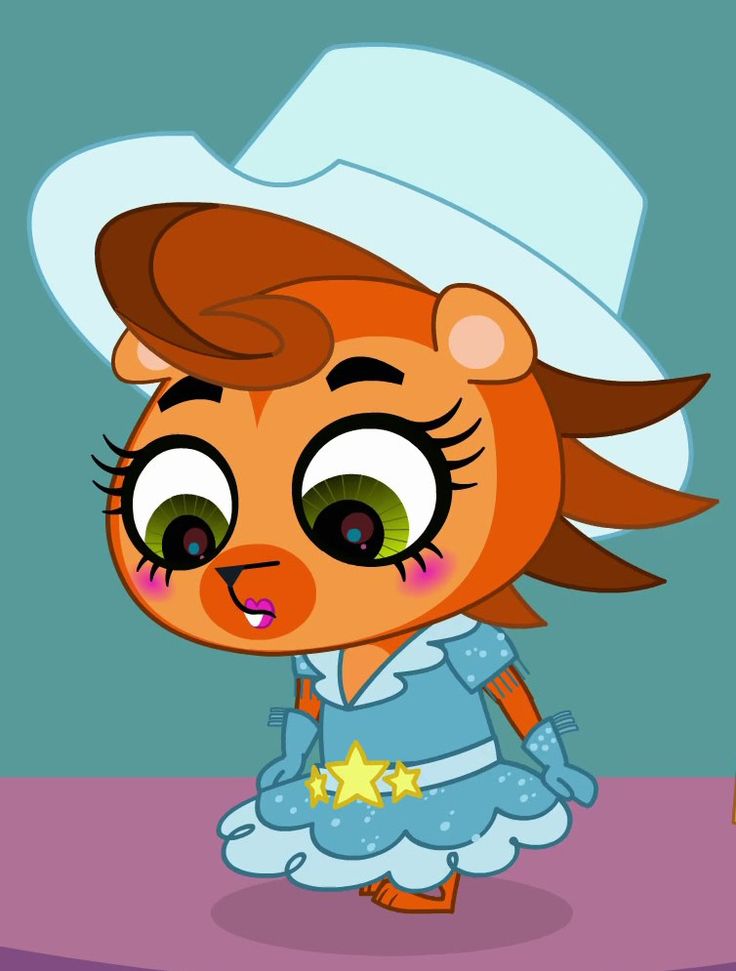 a cartoon character with big eyes and brown hair wearing a white hat, blue dress and yellow stars