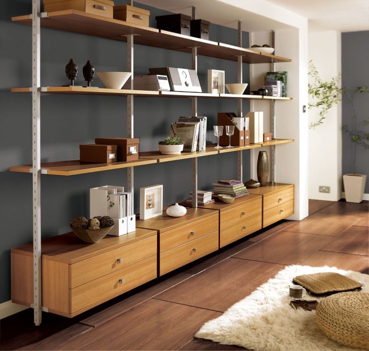 a shelf with many items on it in a room