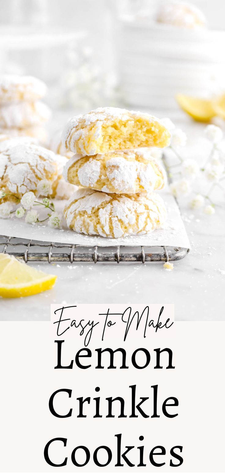 lemon crinkle cookies are stacked on top of each other