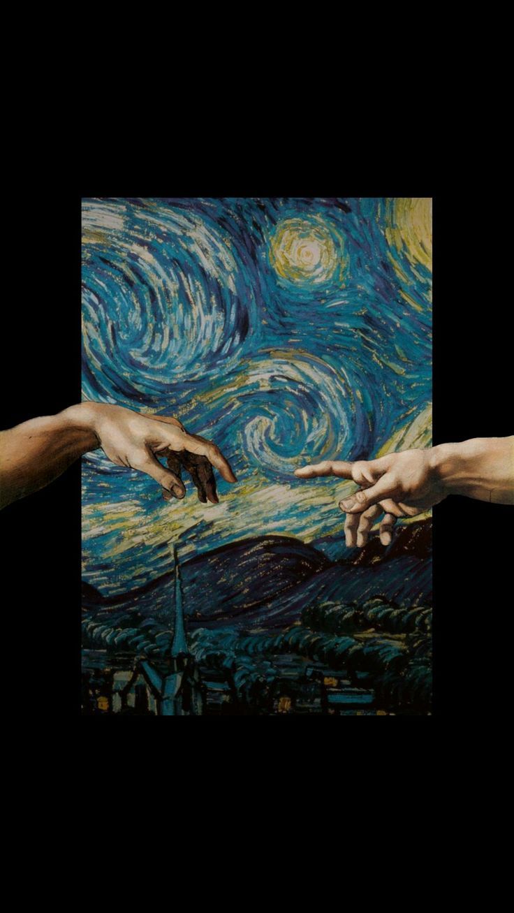 two hands reaching out towards each other in front of a starry night sky painting