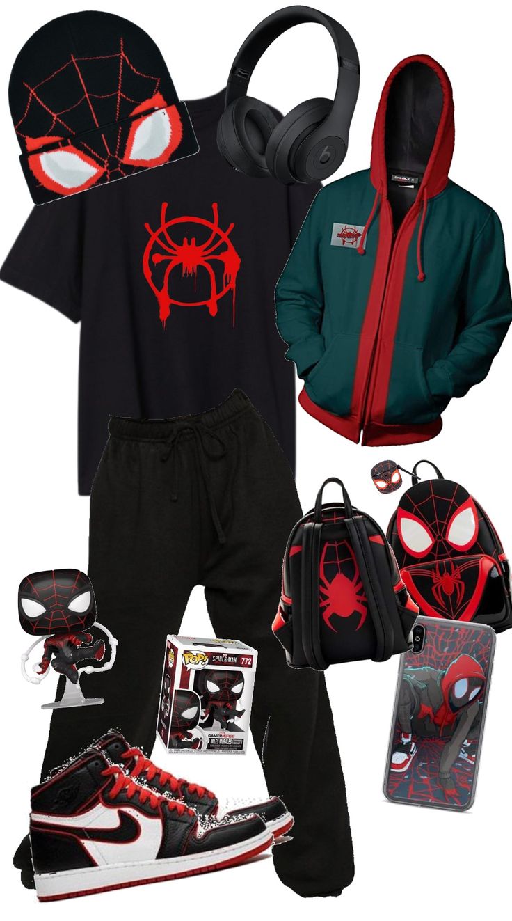 a spider man outfit with headphones, backpack and shoes