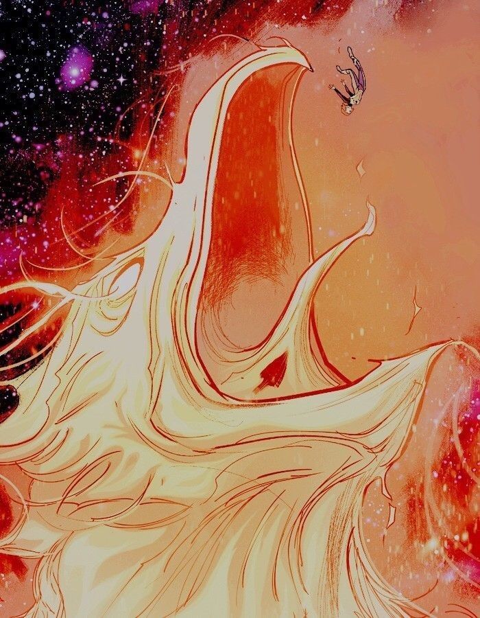 an artistic painting of a woman with her hair blowing in the wind, surrounded by stars