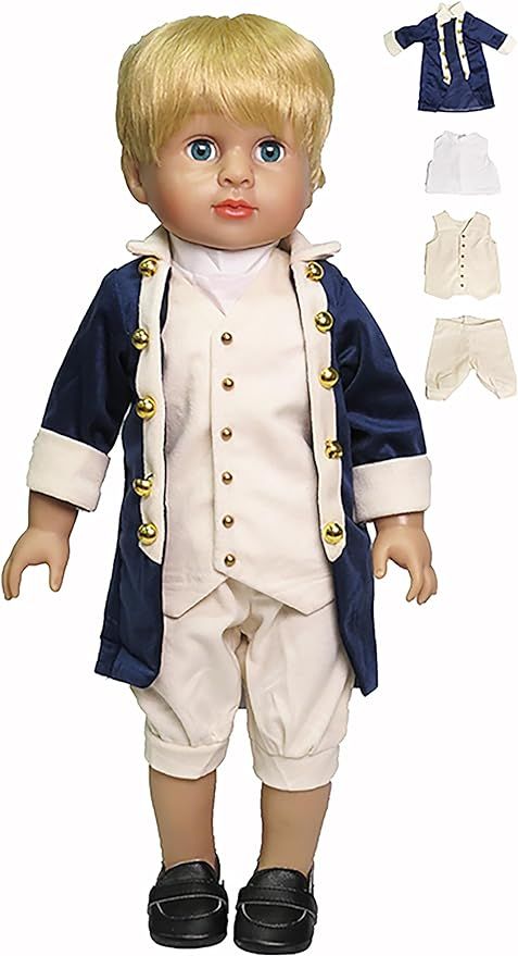 a doll with blonde hair and blue eyes wearing white pants, shirt and vests