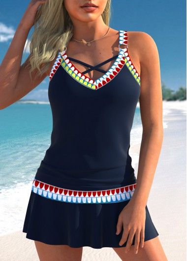 Color:Navy;Size:S;Size:M;Size:L;Size:XL;Size:XXL;Bra Style:Padded;Support:Wire Free;Pad Style:Removable;Strap Style:Adjustable;Package Contents:1 X Top , 1 X Pantskirt;Occasion:Sport; Tankini Bathing Suits, Womens Beach Dresses, Blue Tankini, Tropical Fashion, Trendy Swimsuits, Printed Tankini, Beach Wear Dresses, Tankini Set, Low Waisted