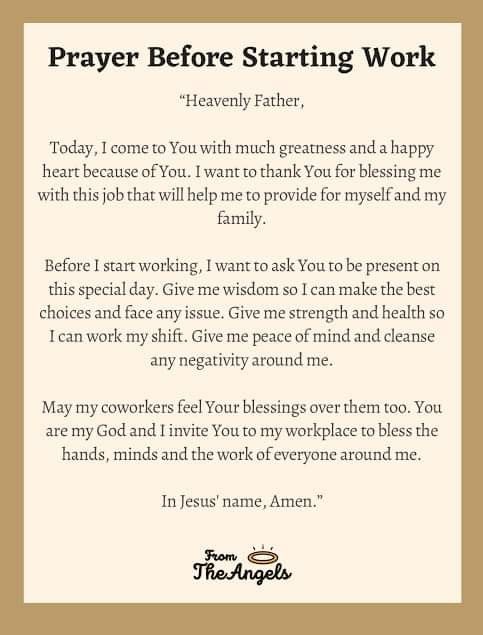 a prayer card with the words prayer before starting work