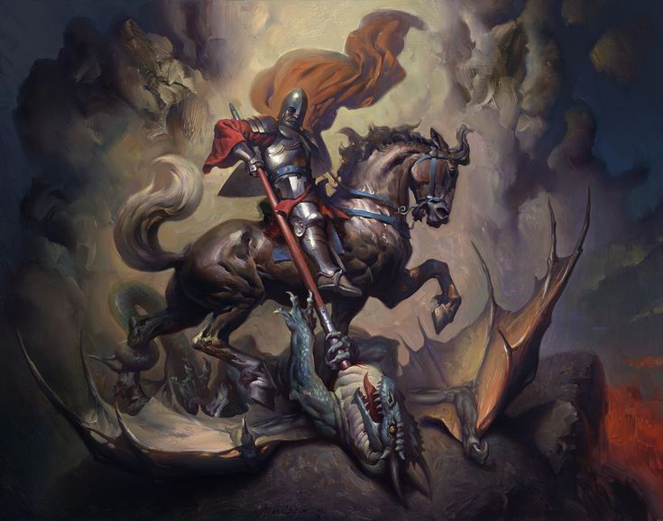 a painting of a knight riding on the back of a horse