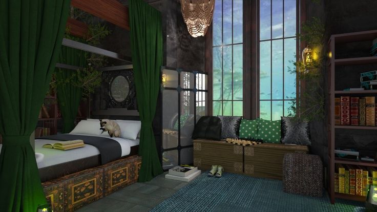 a bedroom with green curtains and a bed in front of a window that is lit up