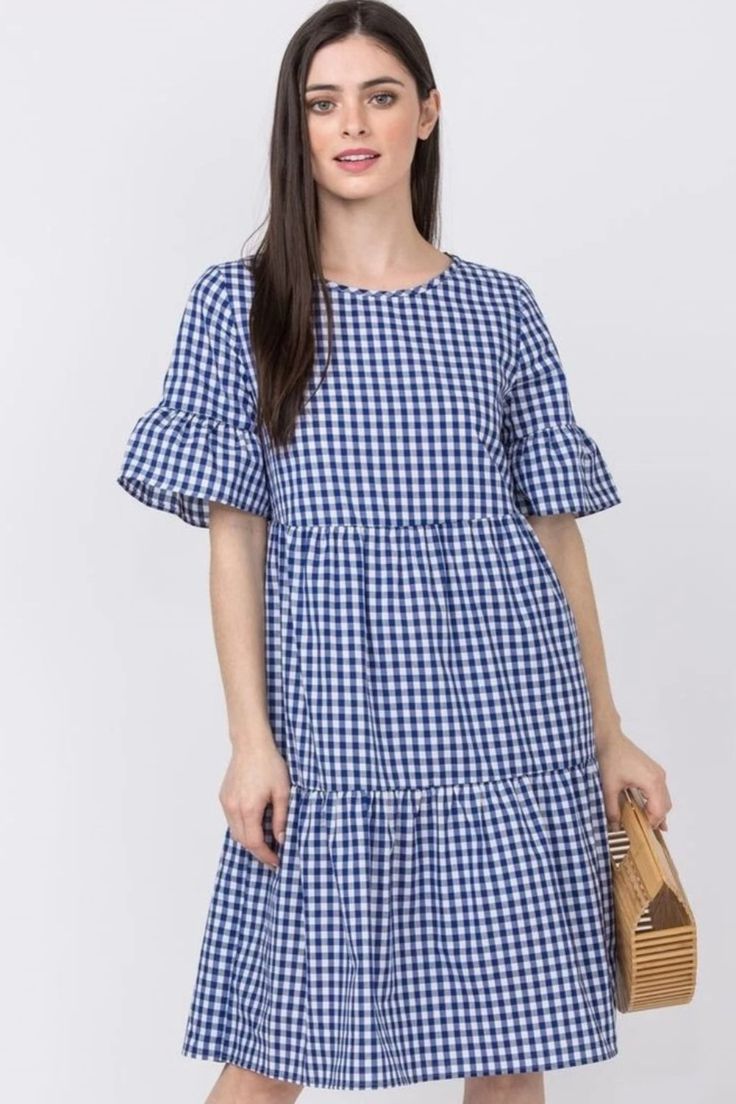 Made in the USA 100% Cotton Last piece 3X: Bust 47" Length 42" Gingham Fashion, Fancy Frocks, Fancy Gowns, Checkered Dress, Womens Shift Dresses, Tiered Midi Dress, Blue Gingham, Fall Fashion Outfits, Casual Fall Outfits