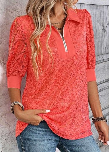 Color:Coral;Size:S;Size:M;Size:L;Size:XL;Size:XXL;Package Contents:1 X Blouse;Occasion:Casual;Style:Casual; Spring V-neck Top With Zipper Closure, Spring Collared Tops With Zipper Closure, Collared Tops With Zipper Closure For Spring, Spring Collared Top With Zipper Closure, Spring V-neck Tops With Zipper Closure, V-neck Tops With Zipper Closure For Spring, Shirt Collar Blouse, Half Sleeve Shirt, Coral Shirt