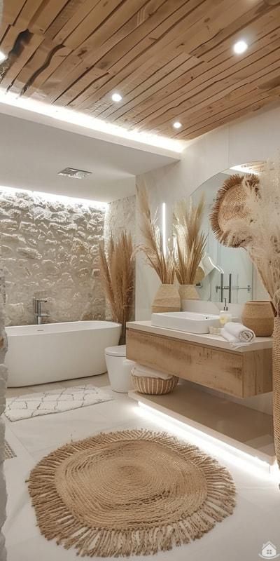 a large bathroom with white walls and wood ceilinging, along with a round rug on the floor