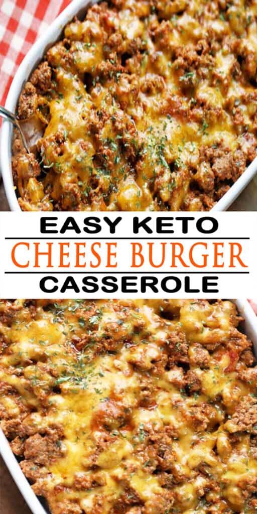 an easy keto cheeseburger casserole is shown in two different images