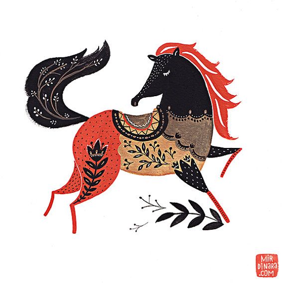 a painting of a horse with red manes and black tail on it's back