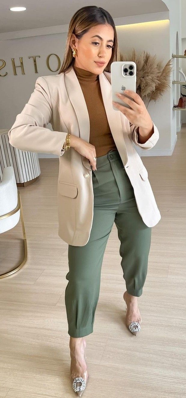 Pants And Blazer Outfit Classy, Olive Pants Work Outfit, Olive Green Work Pants Outfit, Olive Green Pants Outfit Work Business Casual, Green Office Outfits Women, Khaki Work Pants Outfit Women, Olive Green Slacks Outfit Women, Jeans Outfit Work Business Casual, Light Blue Slacks Outfit Women