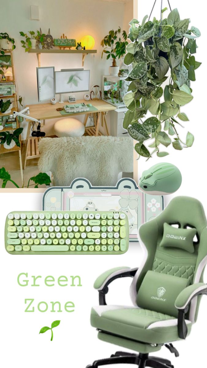 a green office chair sitting in front of a computer desk and keyboard next to a potted plant