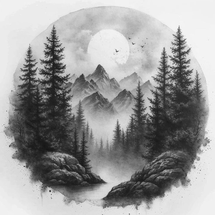 a black and white drawing of mountains with trees in the foreground, under a full moon