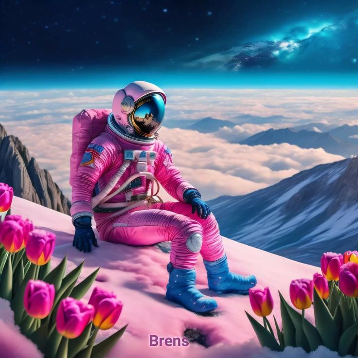 an astronaut sitting on top of a mountain with tulips in the foreground