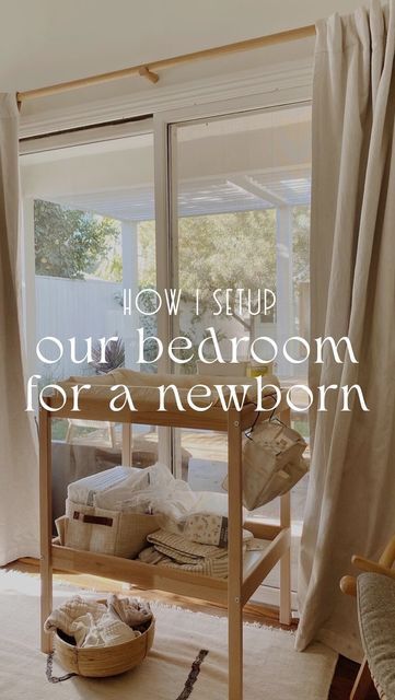 a living room filled with lots of furniture next to a sliding glass door that reads, how to slip our bedroom for a newborn