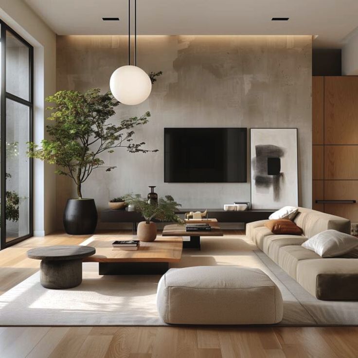 a living room with couches, tables and a large tv mounted on the wall