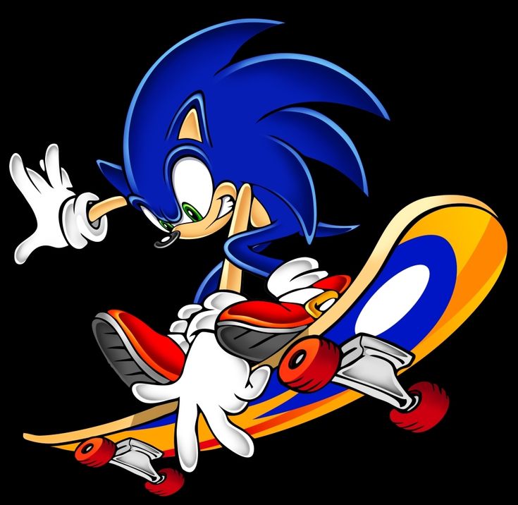 sonic the hedge riding a skateboard on a black background