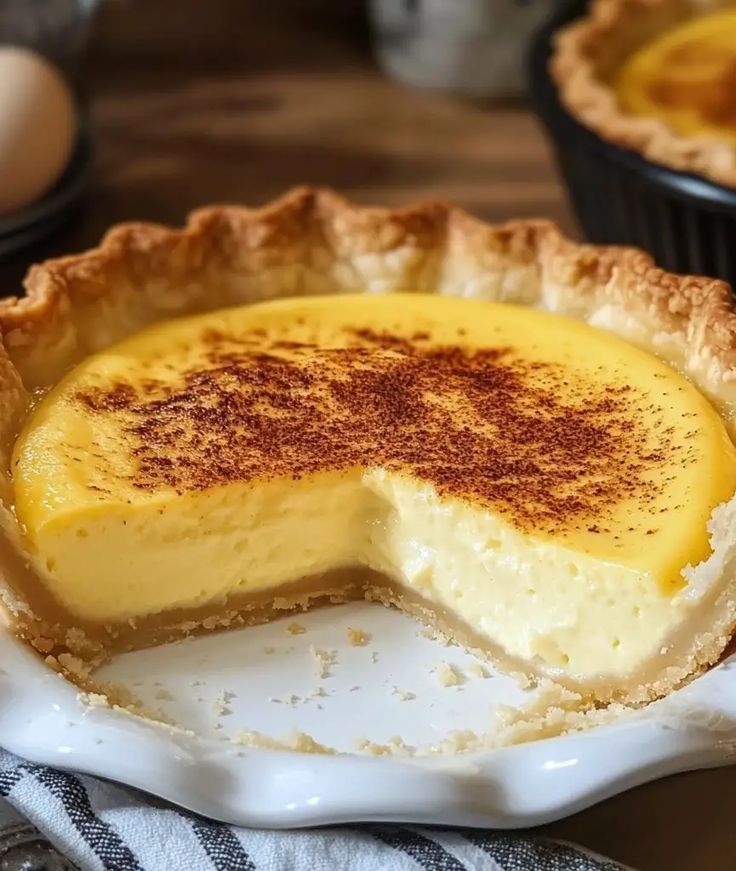 there is a pie that has been cut in half and ready to be eaten on the table