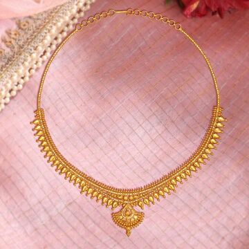 Radiant Stamp Necklace Set, Tanishq Gold Necklace, Gold Plated Tilla Necklace For Gift, Traditional Gold Necklace With Tilla, Gold Necklace Set Simple Tarinika Jewelry, Elegant 22k Gold Tilla Necklace, Yellow Gold Temple Necklace With Tilla, Gold Plated, Gold Necklace Sets, Stamp Necklace, Gold Jhumka Earrings