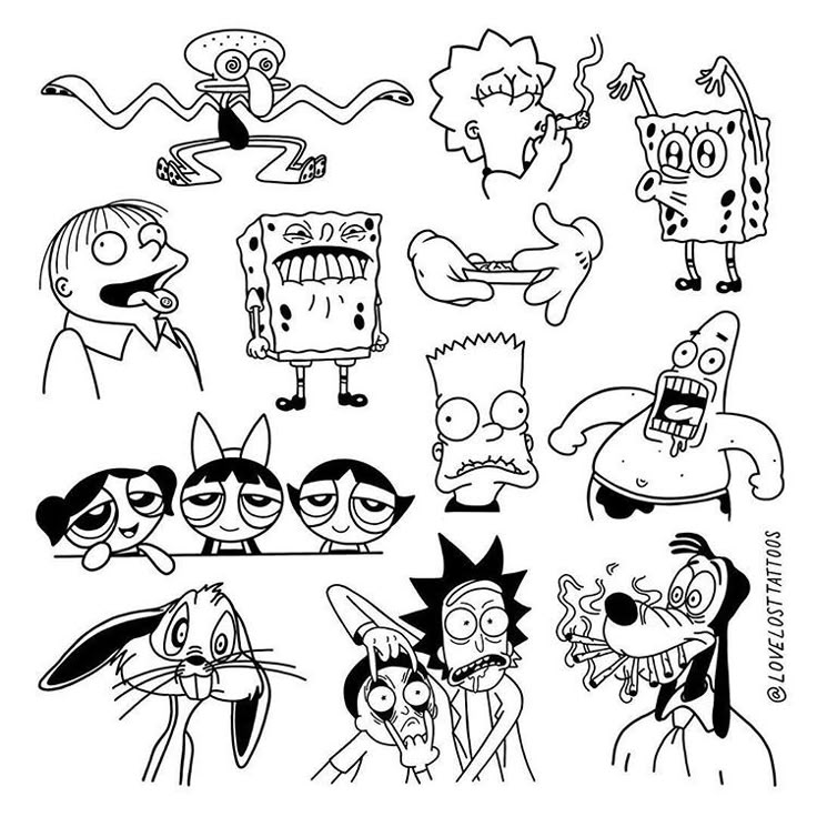 cartoon characters drawn in black and white