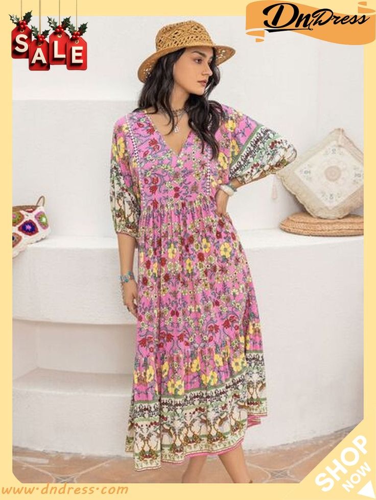 Printed V-neck Balloon Sleeve Dress