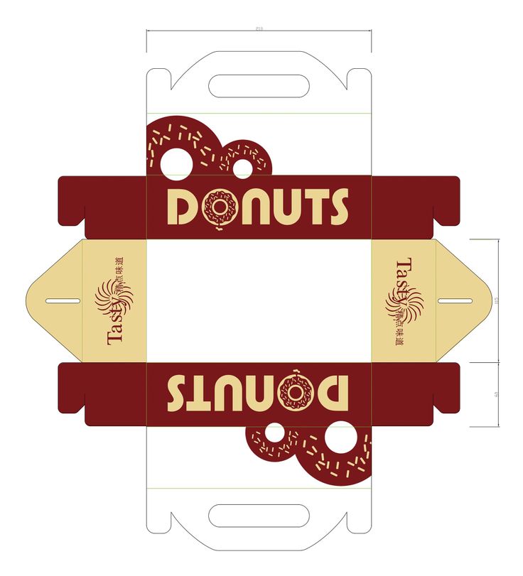 an open cardboard box with the word donuts printed on it and two sides cut out