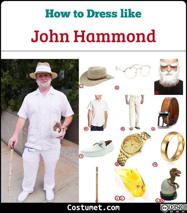 an image of a man with many items in his hand and the words how to dress like john hammond