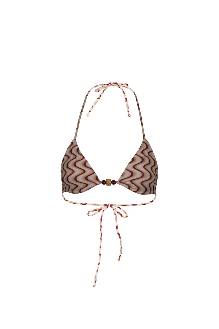 Our cute and tiny triangle top with fixed, skinny adjustable straps and back tie has been updated with beads in the center. You'll get minimal tan line when you are poolside lounging or at the beach. Triangle Halter Top For Vacation Sunbathing, Triangle Halter Top For Sunbathing On Vacation, Vacation Triangle Halter Top For Sunbathing, Beaded Triangle Top Swimwear For Summer, Beaded Triangle Top Swimwear For Pool, Beaded Swimwear With Triangle Top For Pool, Triangle Halter Top For Pool Vacation, Triangle Top Halter For Pool Vacation, Vacation Triangle Halter Top For Pool