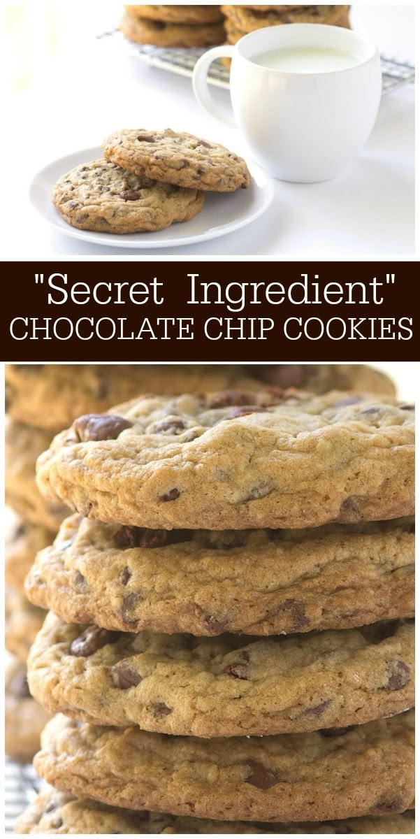 chocolate chip cookies stacked on top of each other with the words secret ingredient chocolate chip cookies