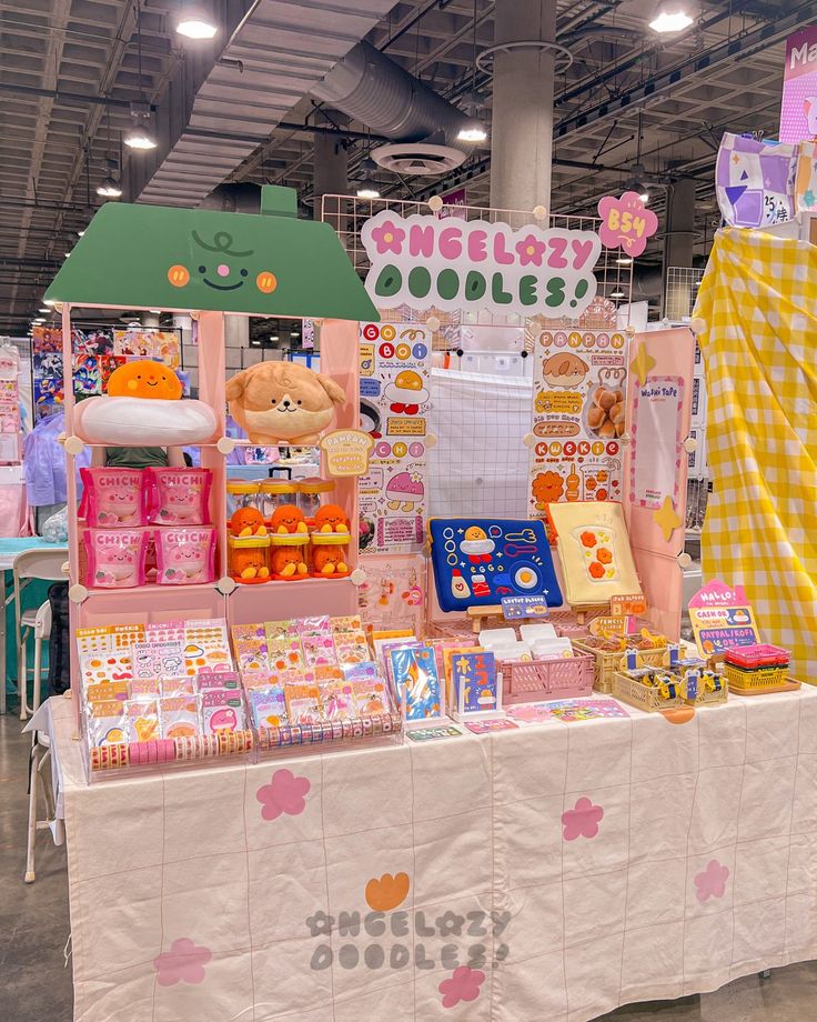 a table with many items on it in a room that looks like a market stall