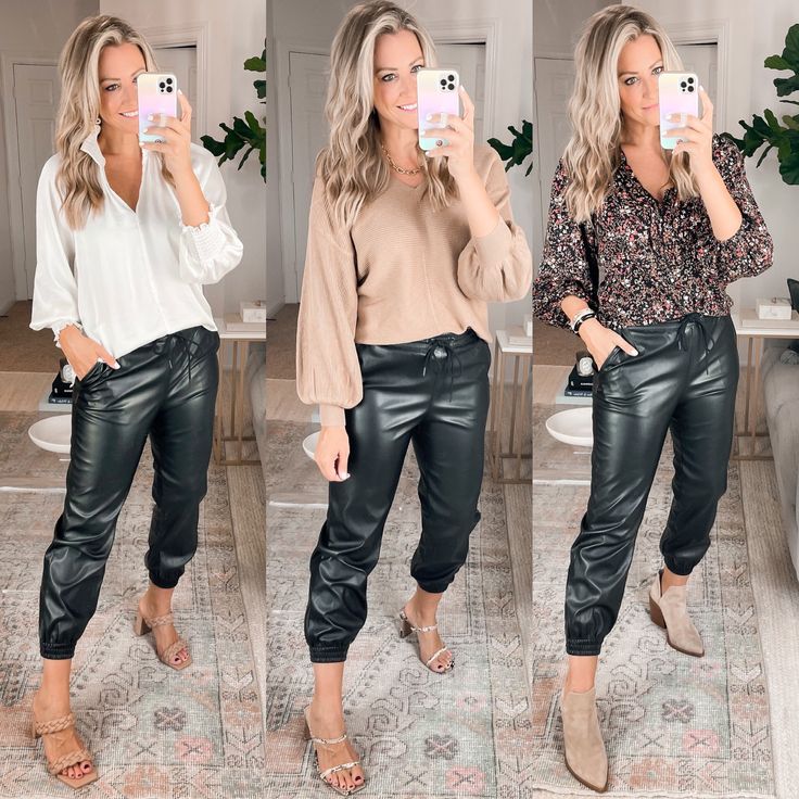 Joggers Outfit Fall, Paris Fall Outfits, Jogger Outfit Casual, Faux Leather Pants Outfit, Leather Dress Outfit, Faux Leather Joggers, Leather Jogger Pants, Jogger Pants Outfit, Pants Outfit Fall