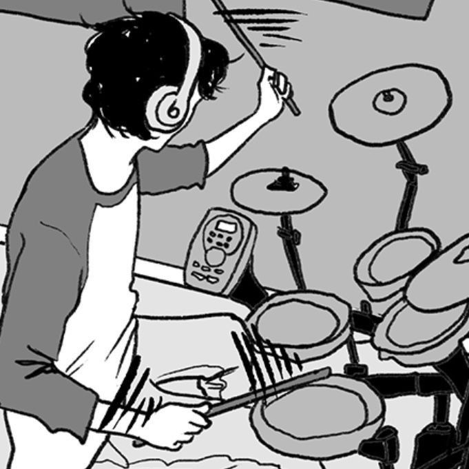 a drawing of a boy playing drums with headphones on in front of the drum set