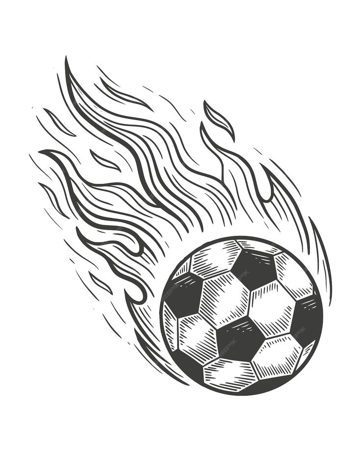 a black and white drawing of a soccer ball with fire coming out of the back