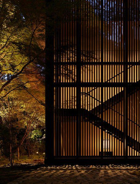 an open gate in the middle of a park at night