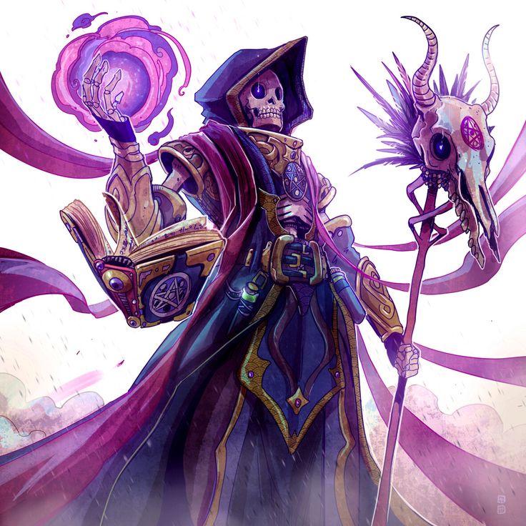 a character from the video game hearther, holding a skull with horns and a staff