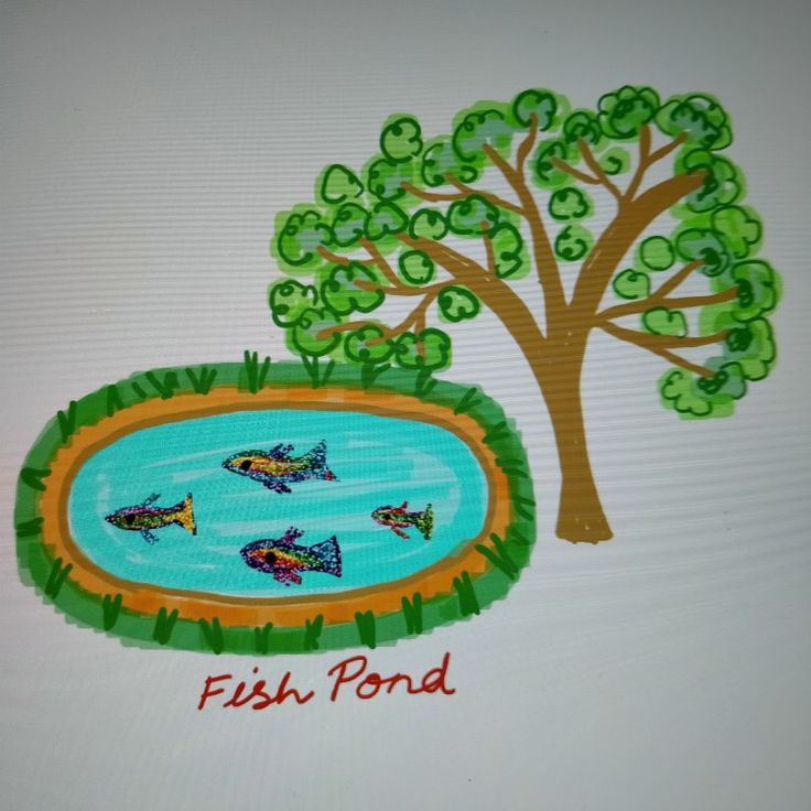 a fish pond with trees and birds painted on it