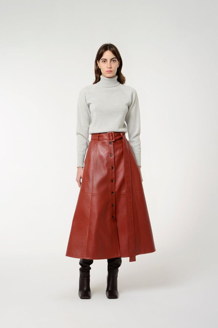 Long sleeve turtleneck sweater. Fitted. Body: 90% Wool, 10% Cashmere Made in Georgia Turtleneck And Skirt Outfit, Turtleneck And Skirt, Skirts With Buttons, Leather A Line Skirt, Long Leather Skirt, Faux Leather Midi Skirt, Belted Skirt, Button Skirt, Leather Midi Skirt